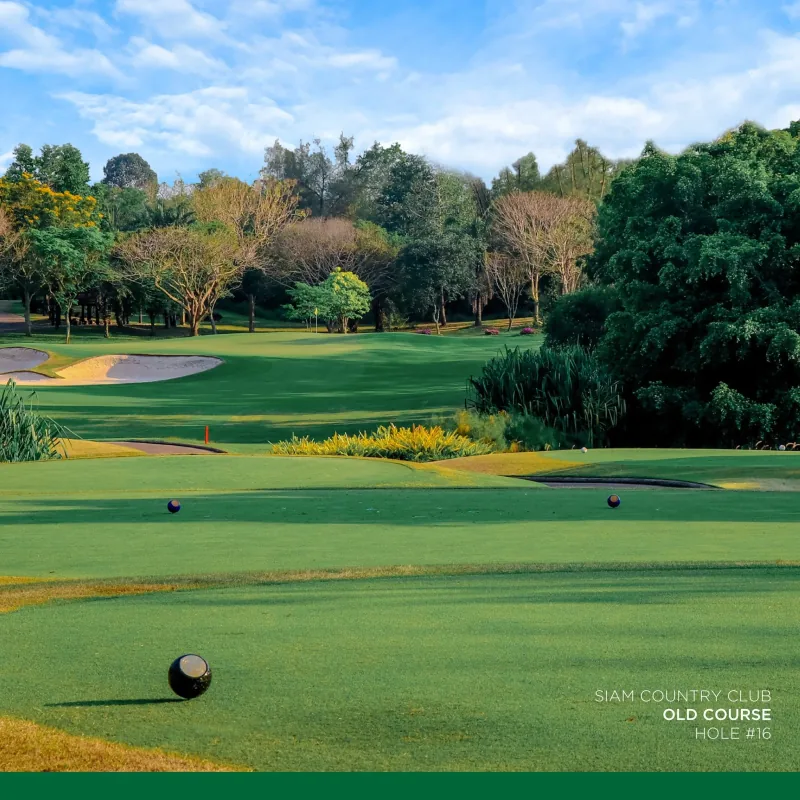 The tree-lined fairway and green at Siam Country Club Old Course, Thailand